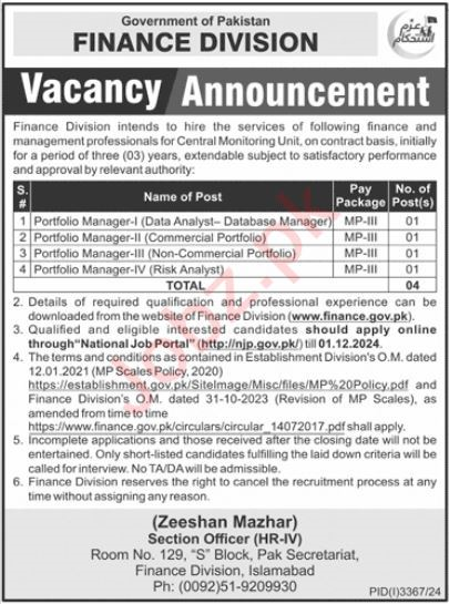  Jobs In Finance Division Islamabad 2024