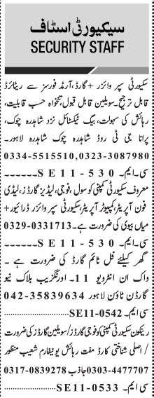 Jobs For Security Staff In Lahore 2024