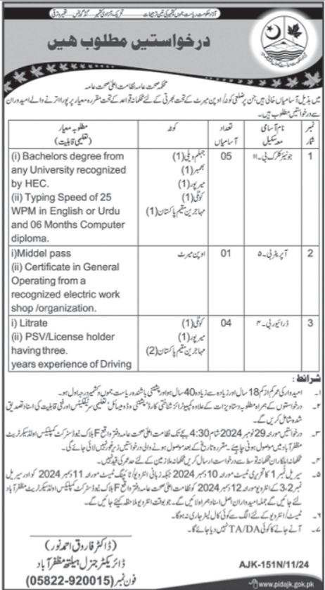 Jobs In Health Department Muzaffarabad 2024 For Junior Clerk