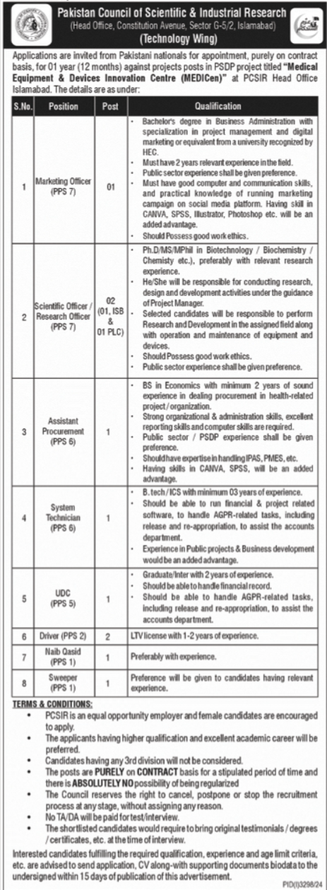 Jobs In Pakistan Council Of Scientific PCSIR Islamabad 2024