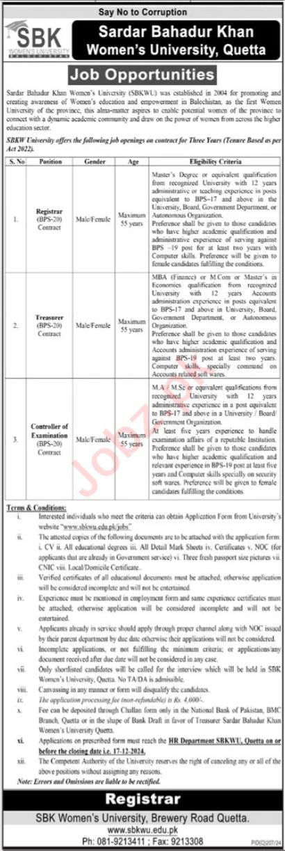 Jobs In Sardar Bahadur Khan Women University SBKWU Quetta 2024