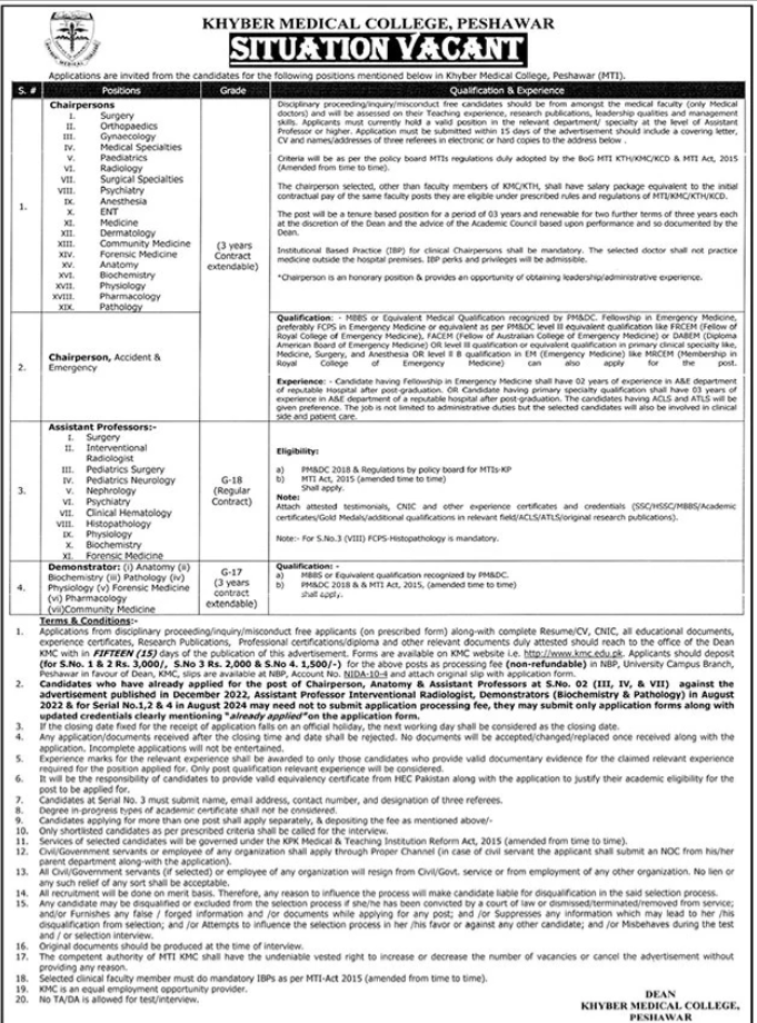 Khyber Medical College KMC MTI offer Jobs in Peshawar 2024