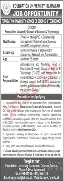 Latest Vacancy Available At Foundation University Islamabad 2024